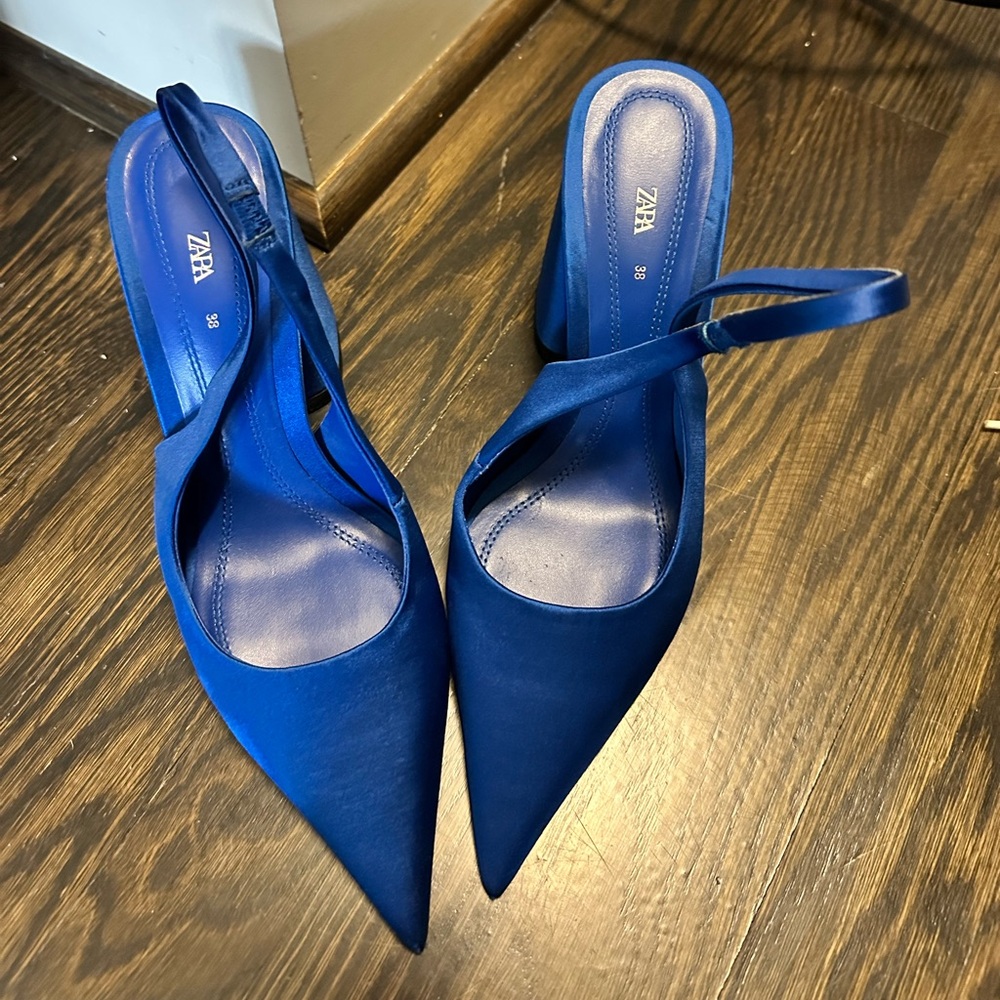 Zara Blue Satin Kitten Heels size 38